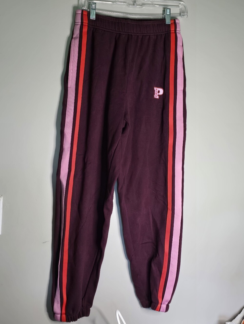 PINK Victoria's Secret Maroon Track Pants with Pink & Red Stripes